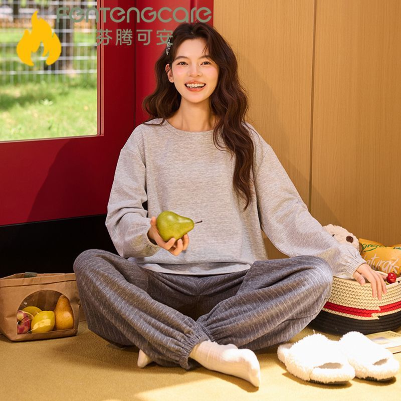 【芬腾可安】冬季新款羊蚕绒圆领套头保暖长袖长裤家居服睡衣简约套装