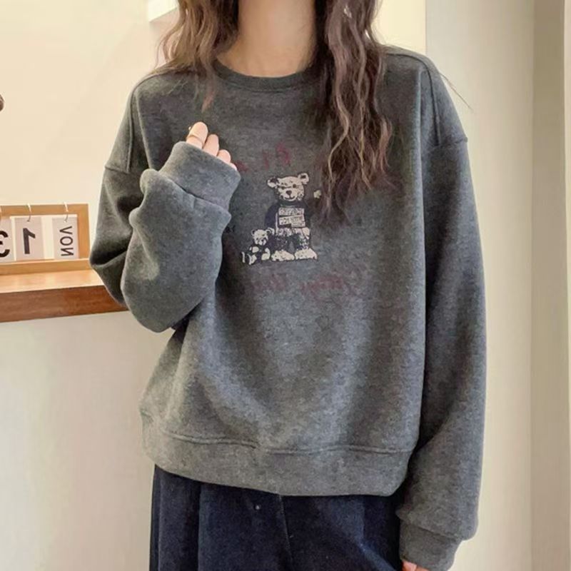 小个子春秋短款圆领卫衣女装高级灰星空灰含棉上衣长袖韩版打底
