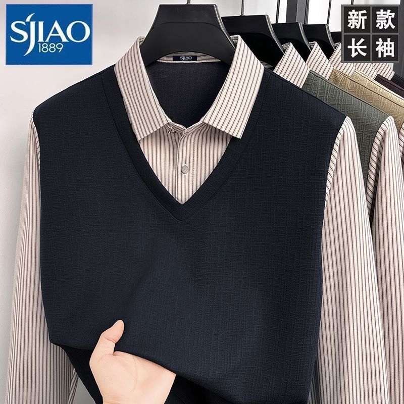 【SJIAO】男士新款翻领长袖POLO衫2026条纹秋冬假两件上衣提花爸爸T恤