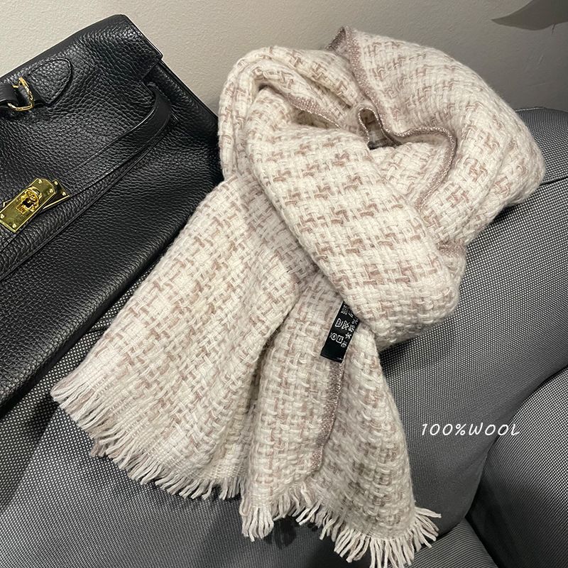 Lagur法式优雅wool纯羊毛编织格子围巾女冬季韩版百搭短须长围脖