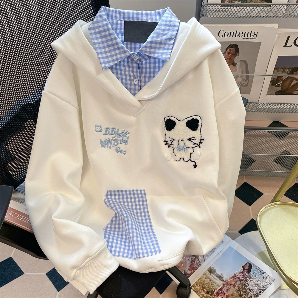 日系学院风可爱猫咪刺绣卫衣外套男女春秋格子衬衫假两件连帽上衣