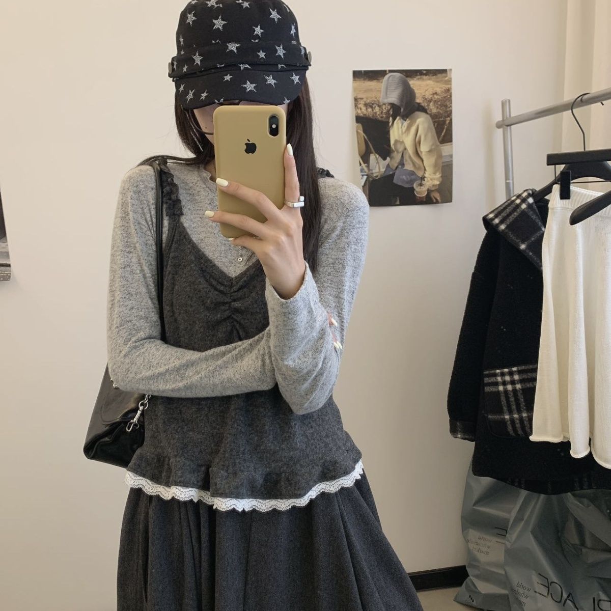 外贸单两件套韩系拼接个性上衣女 木耳边修身长袖打底衫爆款【12天内发货】
