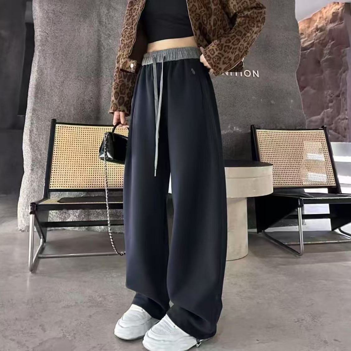 正版秋冬新款女装弯刀裤女宽松高腰阔腿裤显瘦直筒加绒加厚休闲裤【5天内发货】