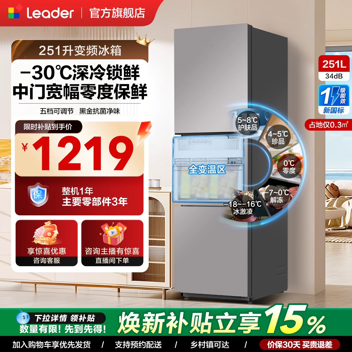 政府补贴海尔出品统帅租房一级能效三门风冷无霜251L家用电冰箱