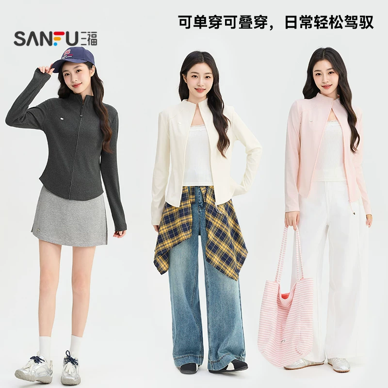 三福女厚外套2026秋季新款圆领小标拉链门襟时尚休闲运动上衣女装