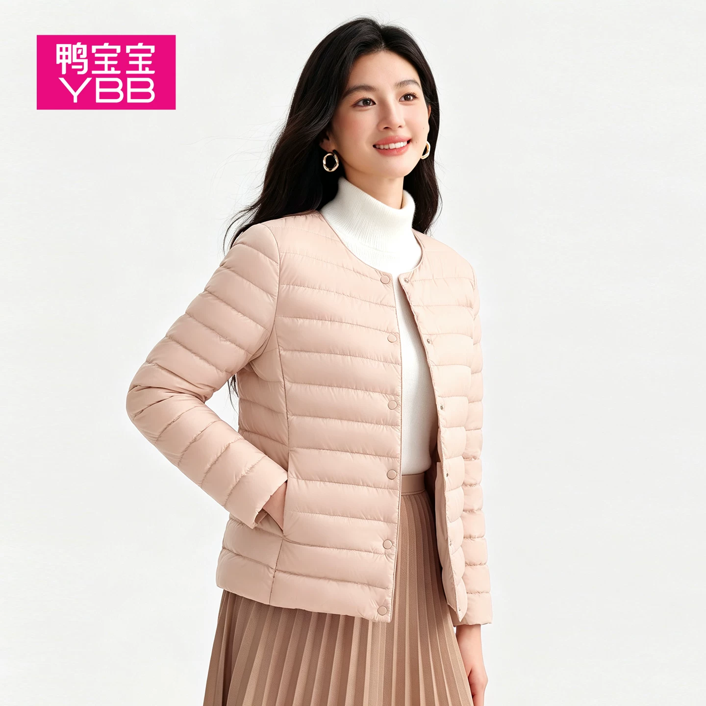 鸭宝宝2026新款轻薄羽绒服女90鸭绒无领保暖内胆修身秋冬外套C