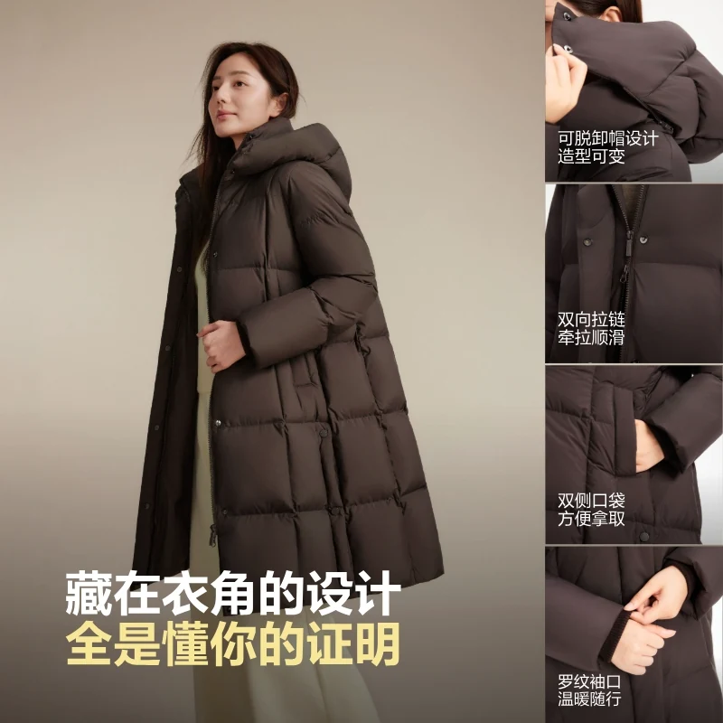 波司登奥莱冬季女经典都市休闲低饱和色系长款连帽羽绒服