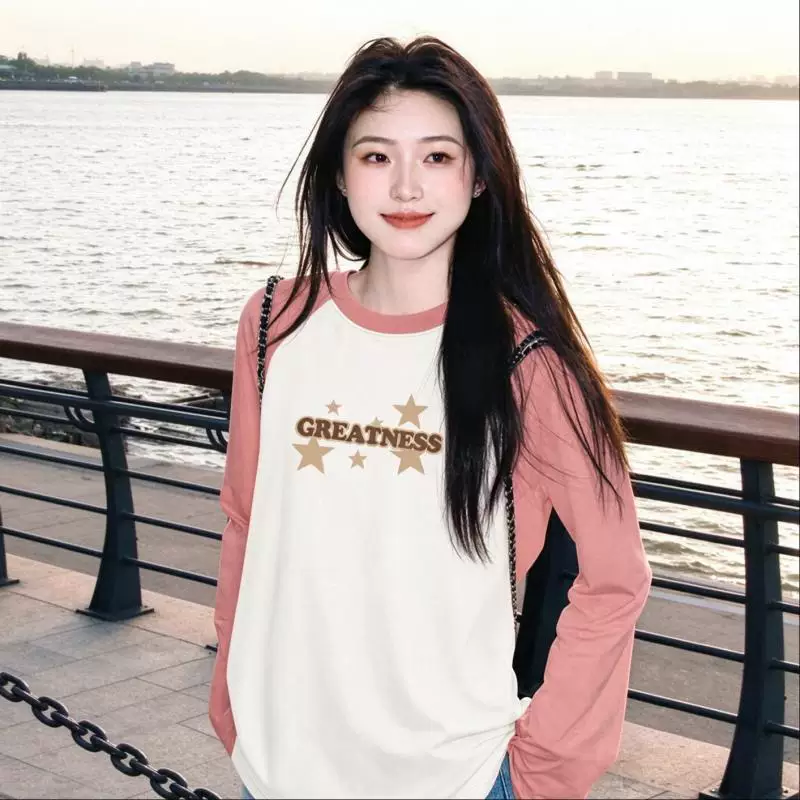 明星同款2026新款美式拼接插肩T恤女春秋长袖打底衫宽松内搭上衣