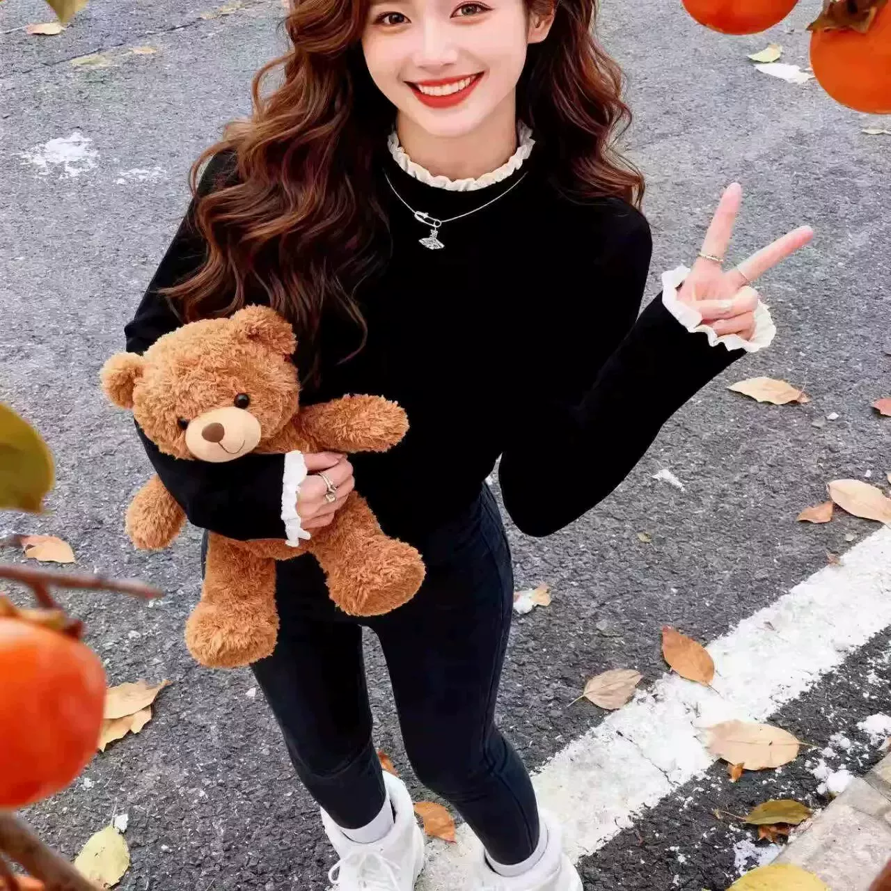 花边拼接半高领打底衫女修身设计感内搭ak